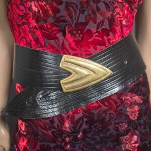 Vintage 70s Black Wide Leather Belt Brass Buckle Size S M Avant Garde Art Deco